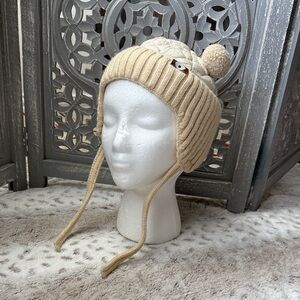 Cream embroidered teddy bear pom-pom beanie hat unisex baby OS neutral winter